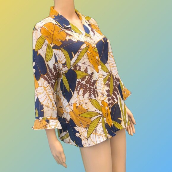 ALFRED DUNNER Tropical Leaf Patterns Collared Button-Up Blouse Sz 12P - Picture 2 of 5